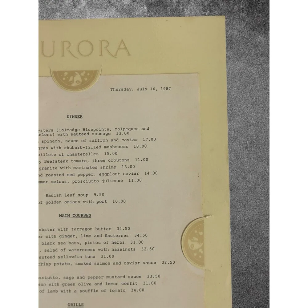 1987 AURORA Resturant Dinner Menu